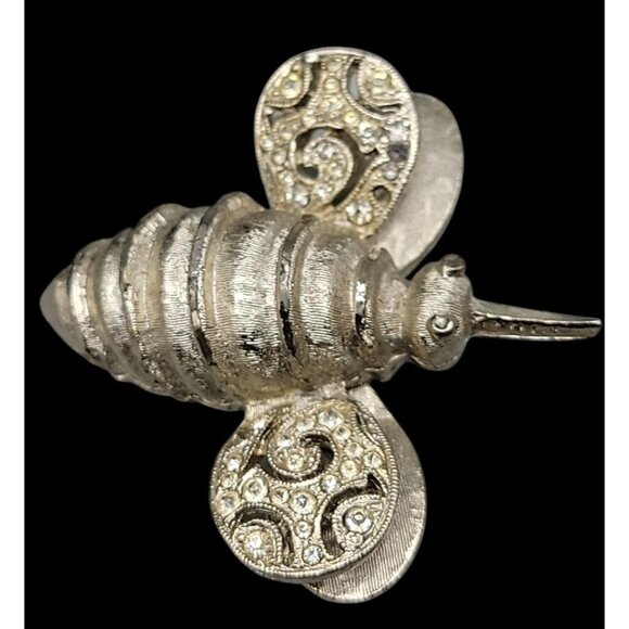 Kramer Rhinestone Bumble Bee Brooch Rare Bug Signed Pin Silver Tone Vintage - Picture 6 of 10